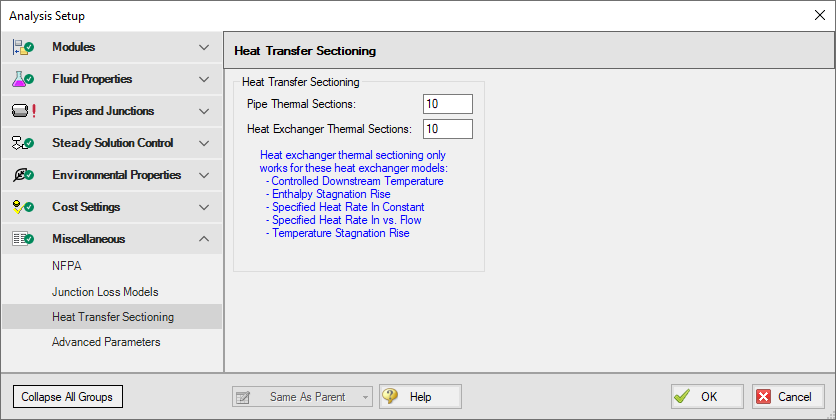 The default state of the Heat Transfer Sectioning panel in the Miscellaneous Group of the Analysis Setup window.